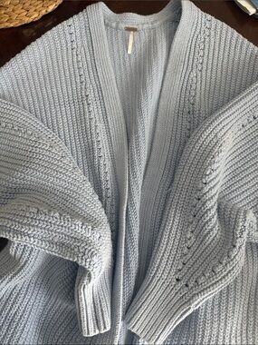Free People Dare To Dream Light Blue Chunky Cotton Knit Open Cardigan Sweater M